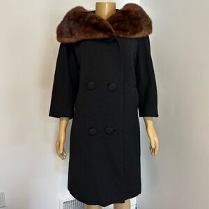Vintage 60s Black with Brown Mink Fur Collar Union Tag‎ Size Large